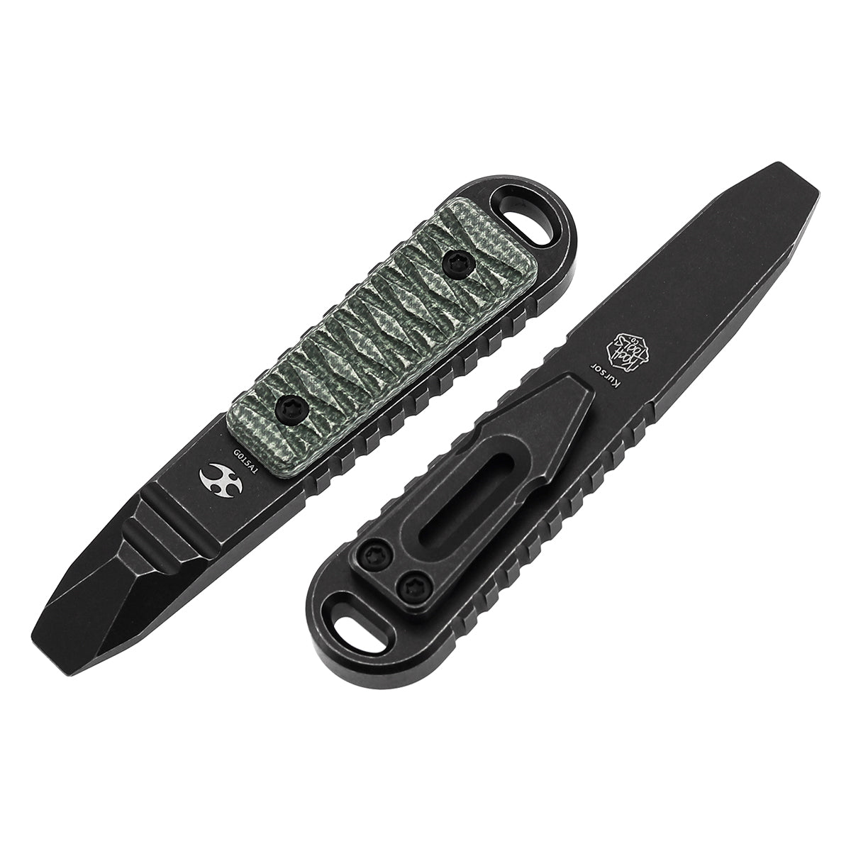 Kansept EDC Tool Kursor G015A1 Blackwash Titanium+Green Micarta with Tsukamaki-Inspired Pattern Koch Tools Designed