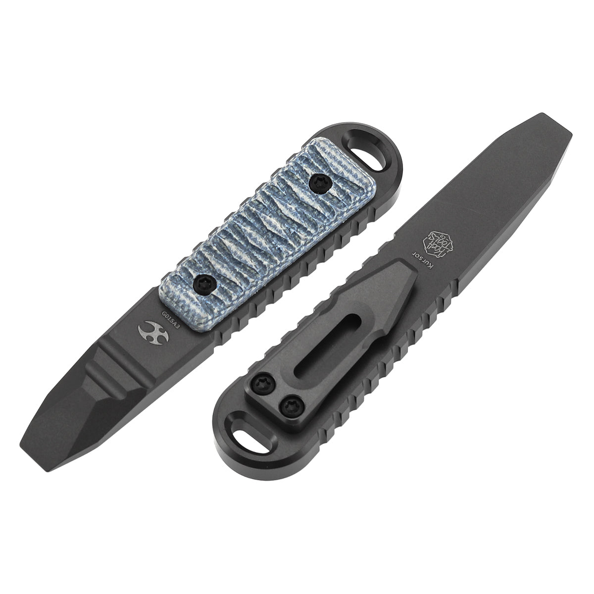 Kansept EDC Tool Kursor G015A3 Grey Anodized Titanium+Blue Micarta with Tsukamaki-Inspired Pattern Koch Tools Designed
