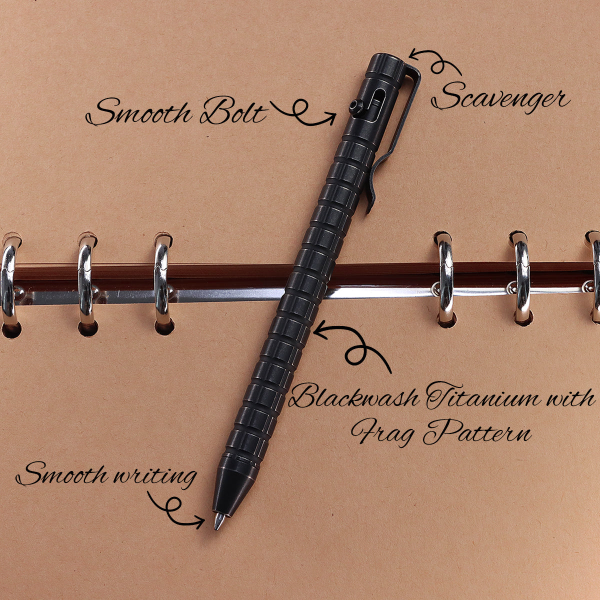 Kansept Titanium EDC Bolt-Action Pen G013H4 Scavenger– Professional Fine Tip Ballpoint Blackwash Titanium with Frag Pattern Designed by Kevin Passon