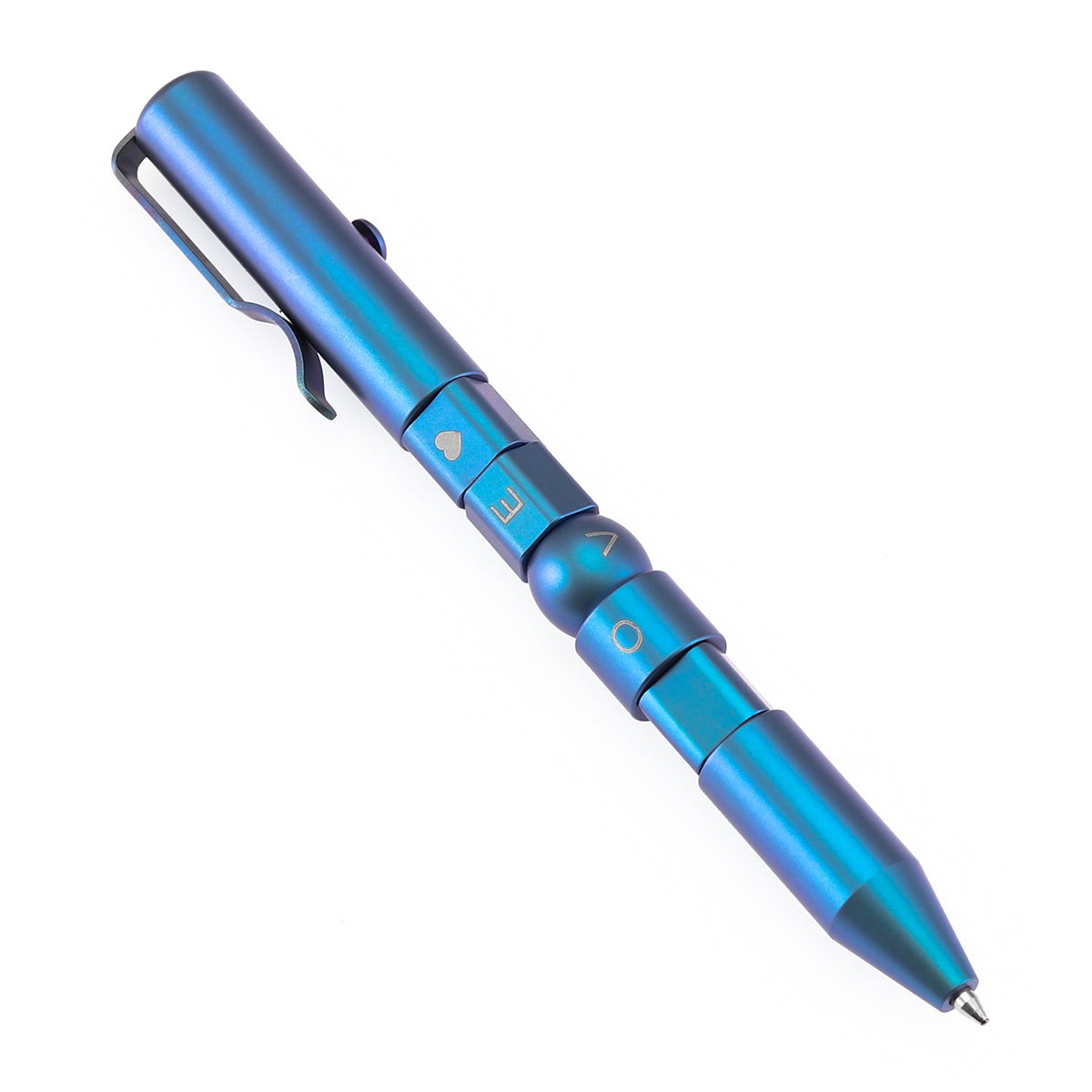 Kansept Titanium EDC Bolt-Action Pen G013P3– Rotable SHAPES with Blue Anodized Titanium with LOVE Pattern Designed by Kevin Passon