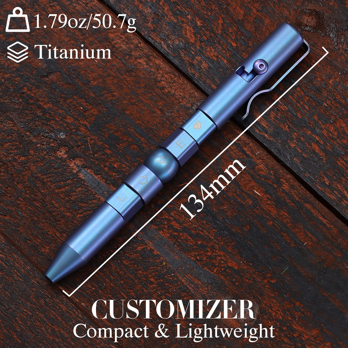 Kansept EDC Titanium Bolt-Action Pen Customizer – Customizable Inserts, LOVE Pattern | Designed by Kevin Passon|G013P3