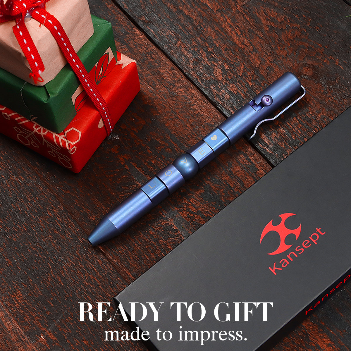 Kansept EDC Titanium Bolt-Action Pen Customizer – Customizable Inserts, LOVE Pattern | Designed by Kevin Passon|G013P3