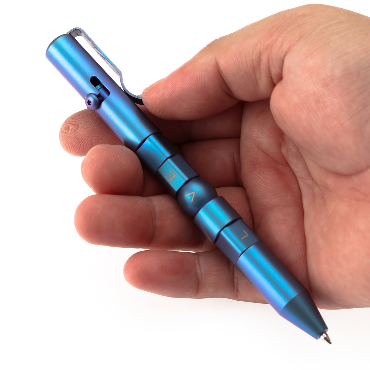 Kansept Titanium EDC Bolt-Action Pen G013P3– Rotable SHAPES with Blue Anodized Titanium with LOVE Pattern Designed by Kevin Passon