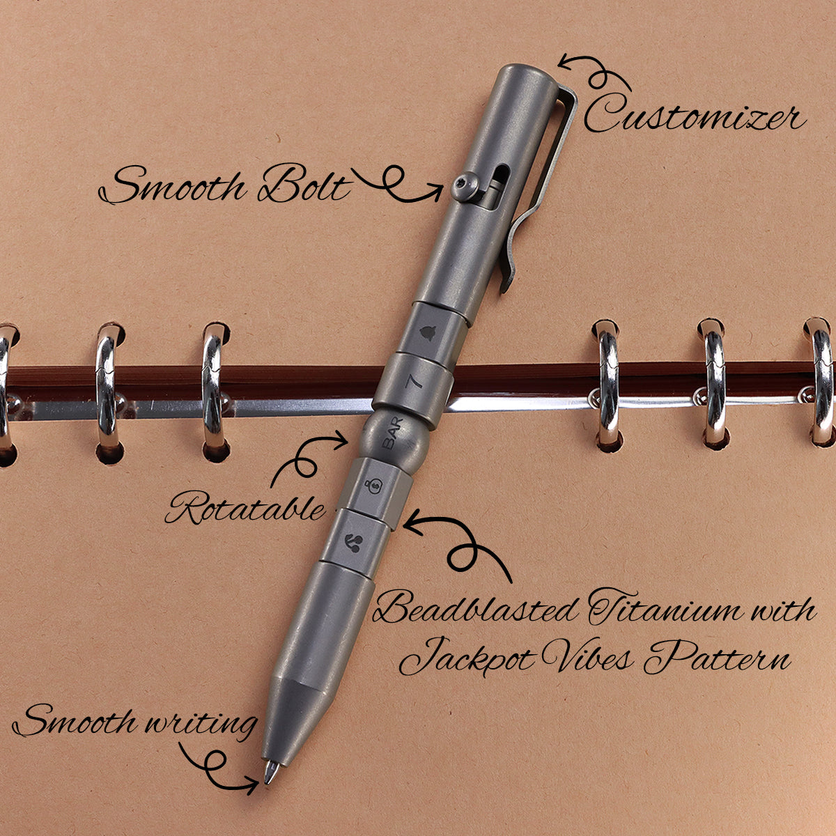 Kansept EDC Titanium Bolt-Action Pen Customizer – Customizable Inserts, Jackpot Vibes Pattern | Designed by Kevin Passon|G013P1