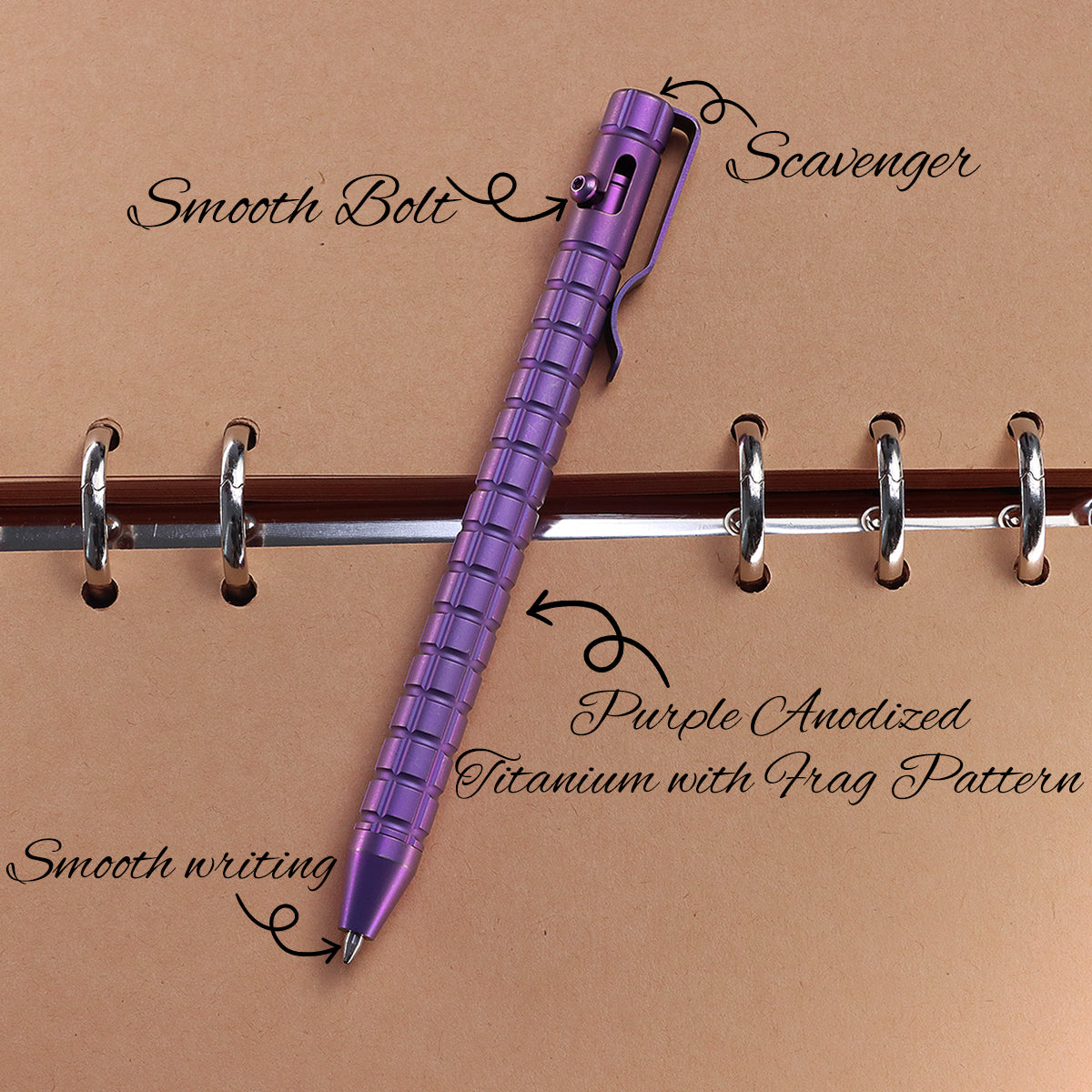 Kansept Titanium EDC Bolt-Action Pen G013H6 Scavenger– Professional Fine Tip Ballpoint Purple Anodized Titanium with Frag Pattern Designed by Kevin Passon