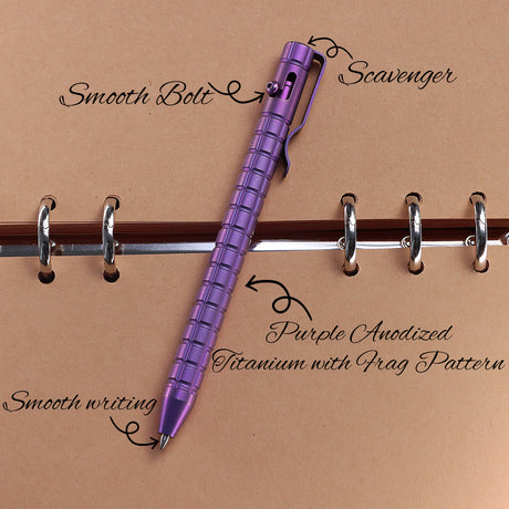 Kansept Titanium EDC Bolt-Action Pen G013H6 Scavenger– Professional Fine Tip Ballpoint Purple Anodized Titanium with Frag Pattern Designed by Kevin Passon