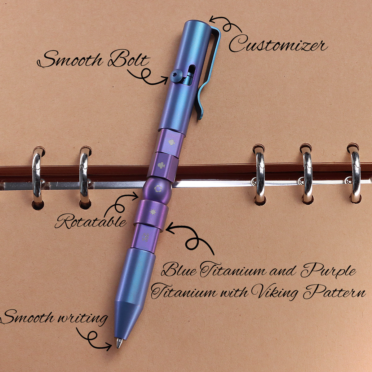 Kansept EDC Titanium Bolt-Action Pen Customizer– Customizable Inserts, Viking Pattern | Designed by Kevin Passon|G013P5