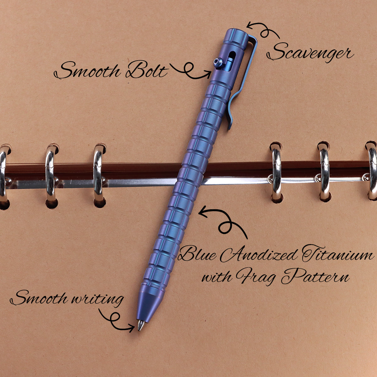 Kansept Titanium EDC Bolt-Action Pen G013H5 Scavenger– Professional Fine Tip Ballpoint Blue Anodized Titanium with Frag Pattern Designed by Kevin Passon