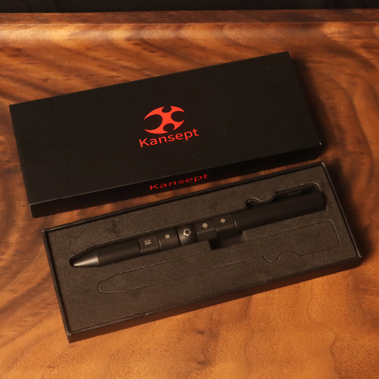 Kansept Titanium EDC Bolt-Action Pen G013P2– Rotable SHAPES with Black Anodized Titanium with Viking Pattern Designed by Kevin Passon
