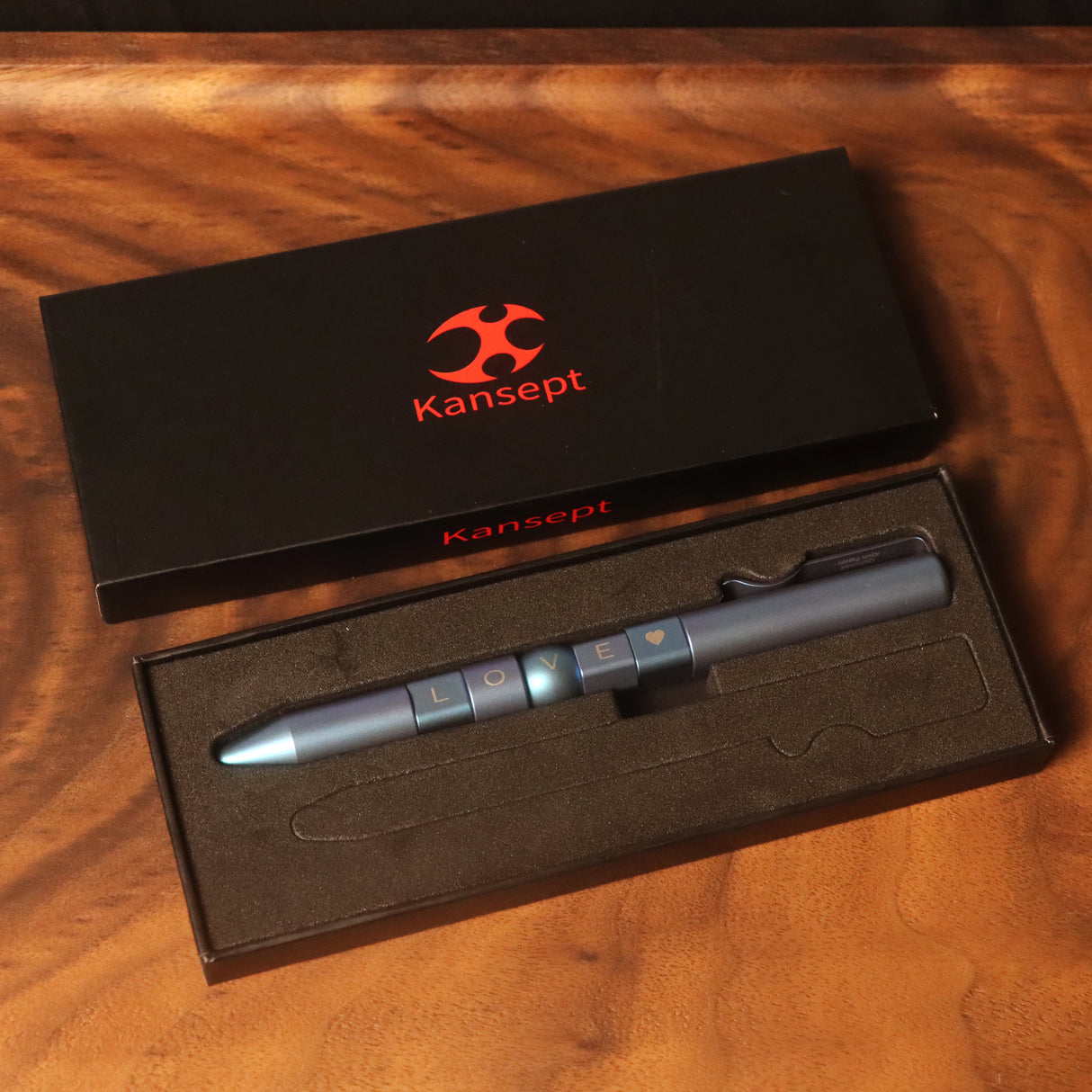 Kansept Titanium EDC Bolt-Action Pen G013P3– Rotable SHAPES with Blue Anodized Titanium with LOVE Pattern Designed by Kevin Passon